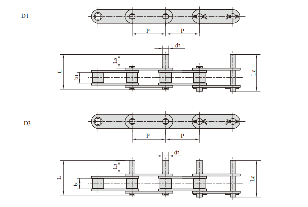   Double Pitch Conveying Roller Chain with Extended Pins   
